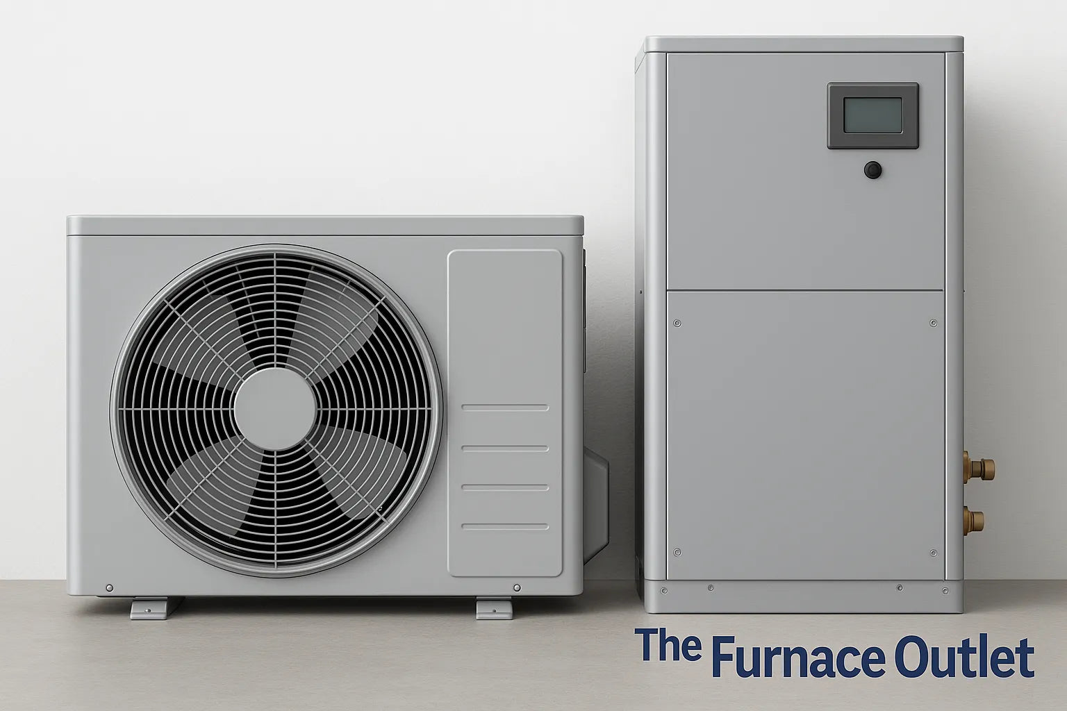 Heat pump system with outdoor and indoor units against a clean wall.