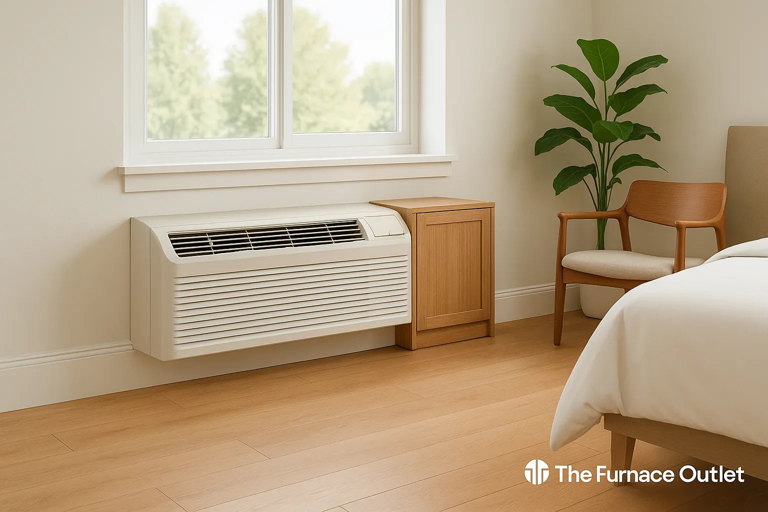Hero image of a stylish bedroom featuring a sleek PTAC unit beneath the window, blending with décor and branded for The Furnace Outlet.