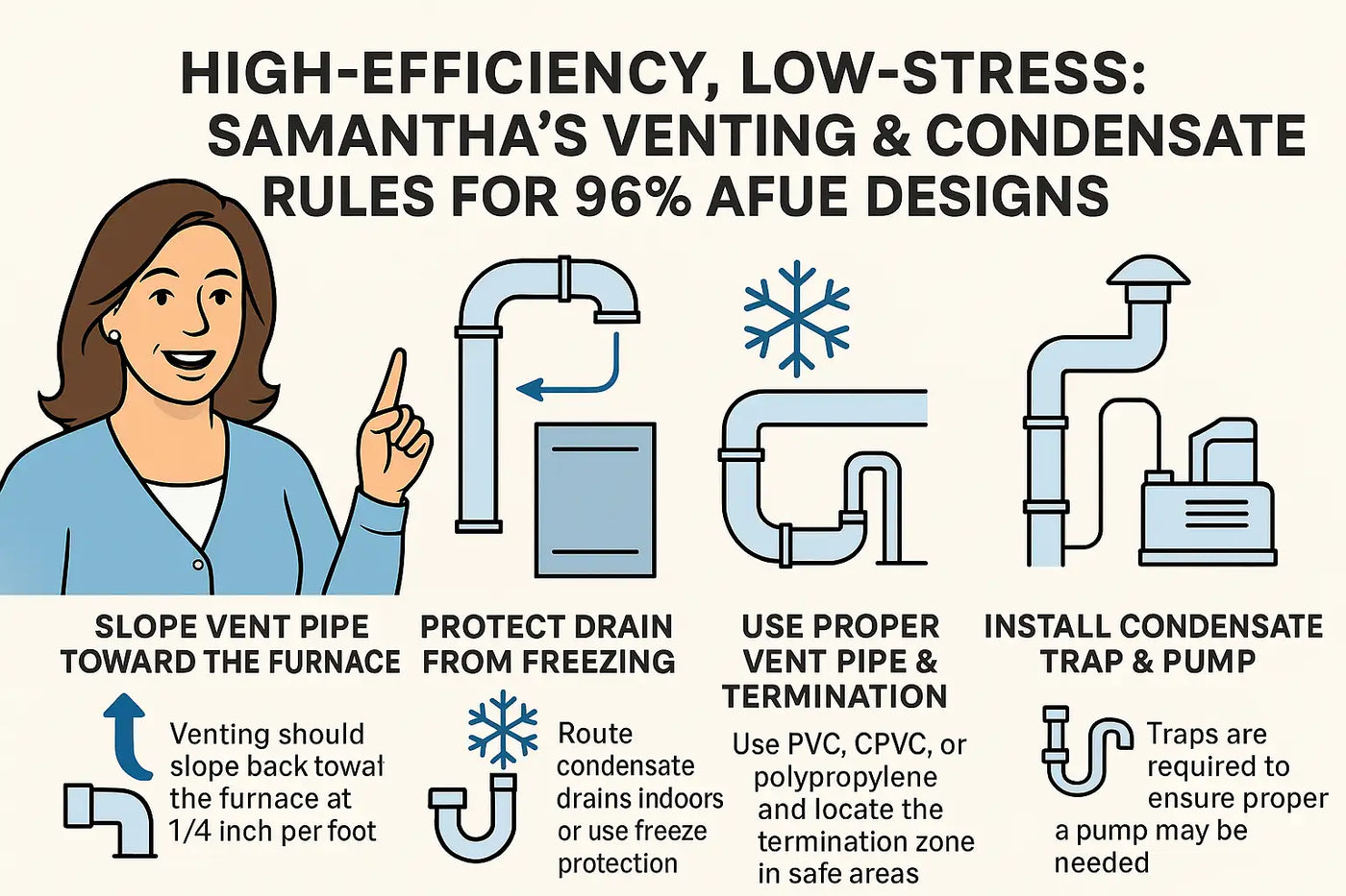 High-Efficiency, Low-Stress: Samantha’s Venting & Condensate Rules for 96% AFUE Designs