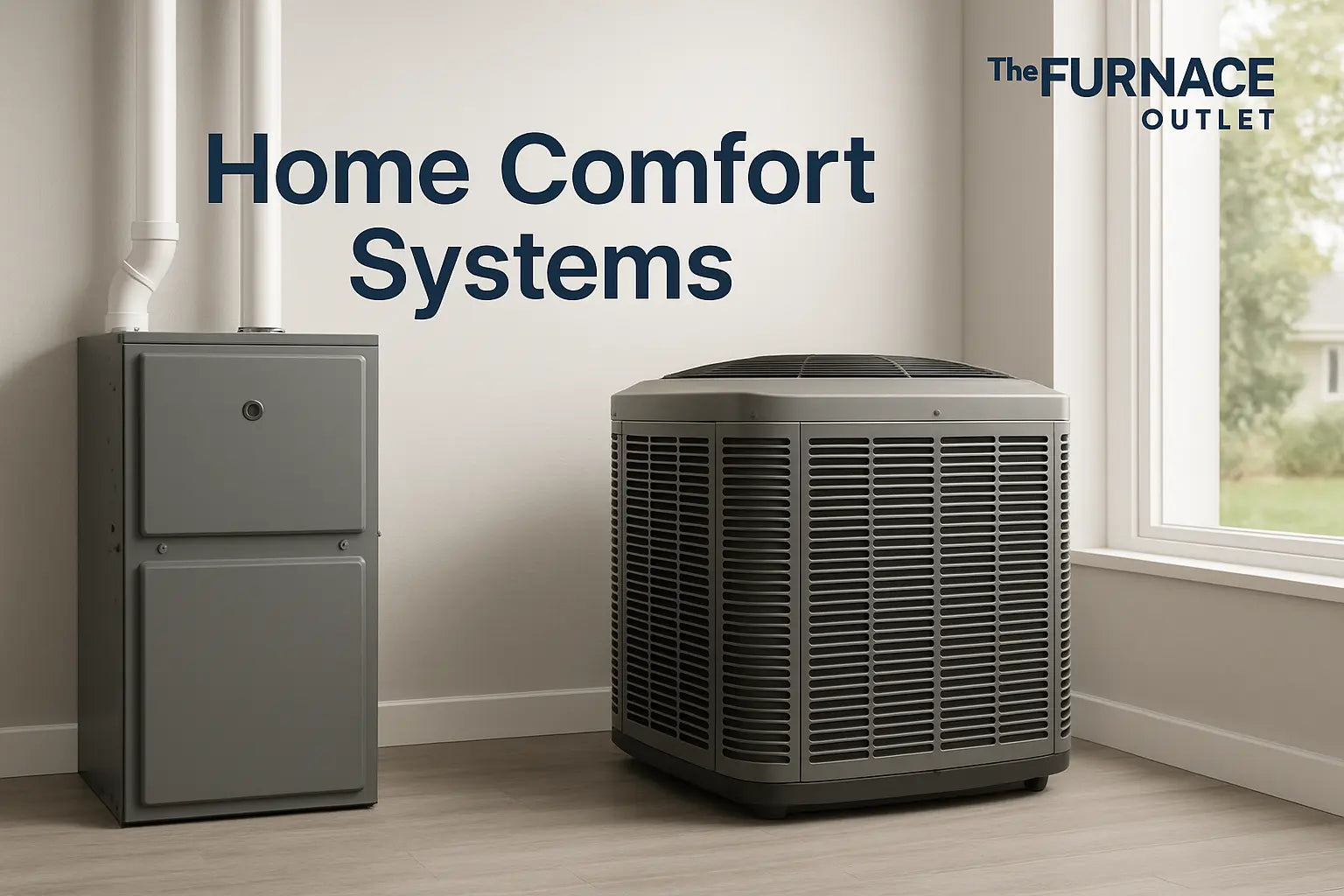 High-efficiency HVAC system in a modern home interior featuring furnace and condenser unit with The Furnace Outlet branding.