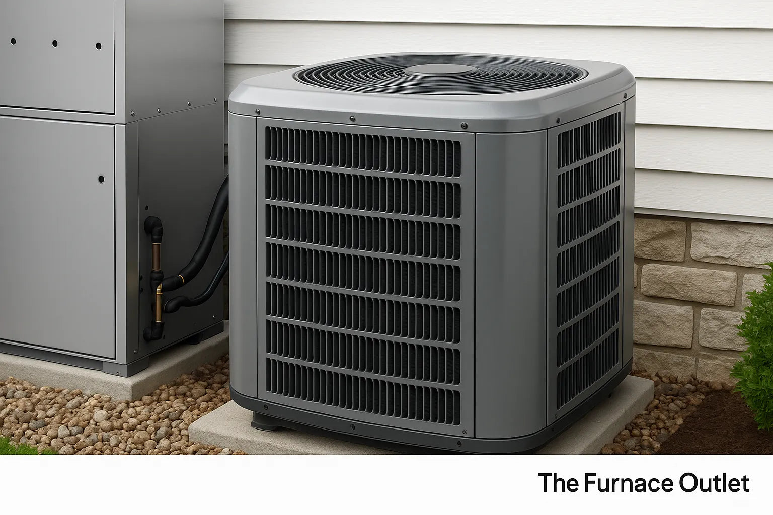 High-efficiency central air conditioning condenser and furnace installed outside a home with stone siding and clean landscaping, branded by The Furnace Outlet.