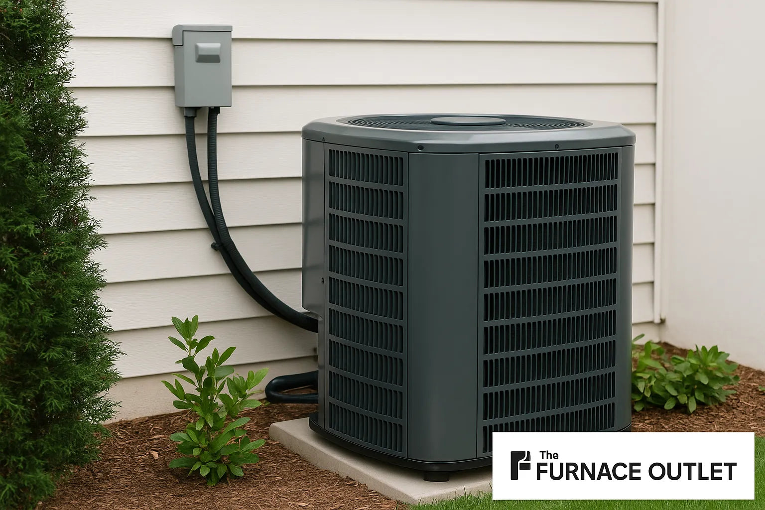 High-efficiency central air conditioning unit installed outside a modern home, with The Furnace Outlet logo in the corner