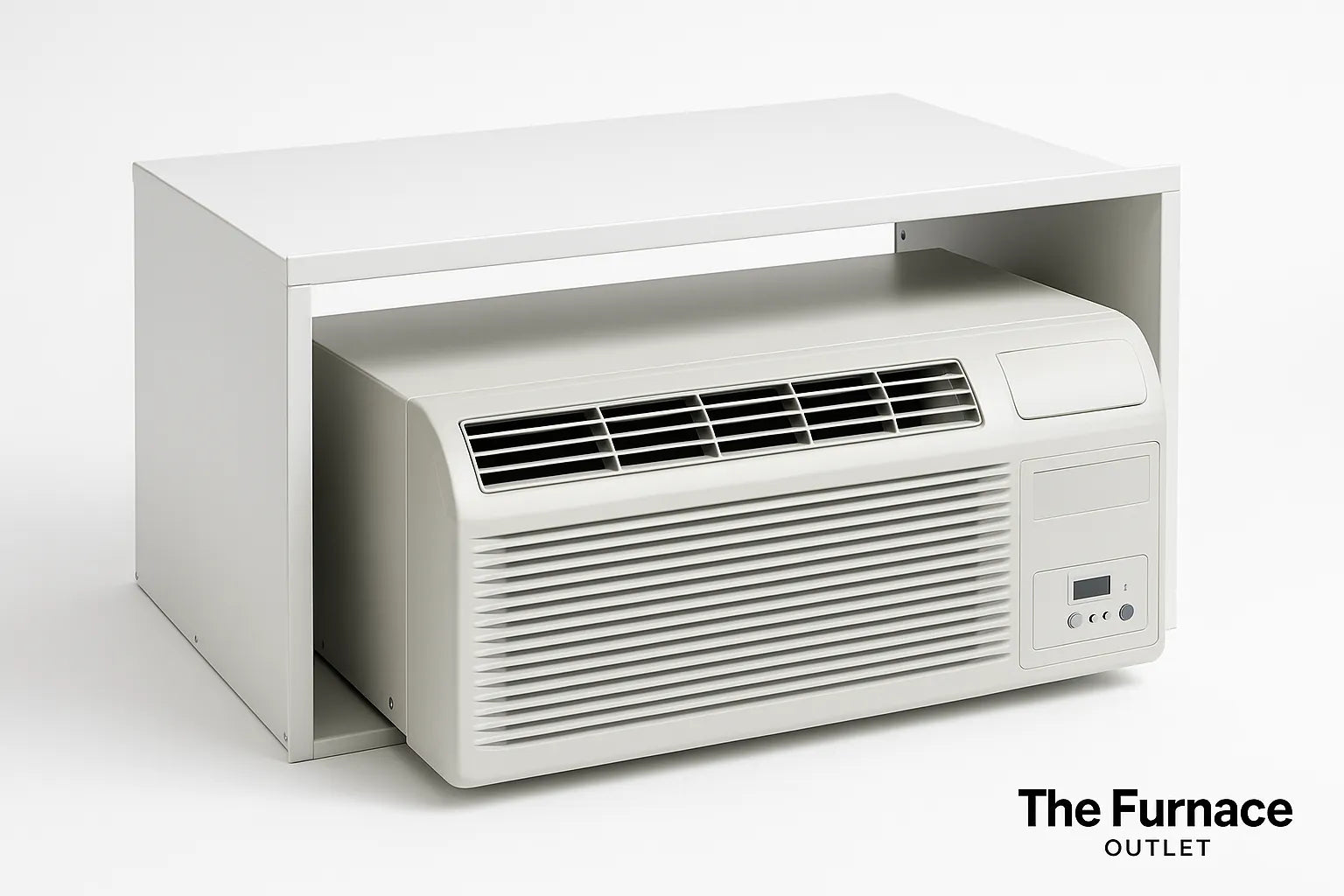 High-resolution image of a PTAC unit installed in a clean white metal wall sleeve with The Furnace Outlet logo in the corner.