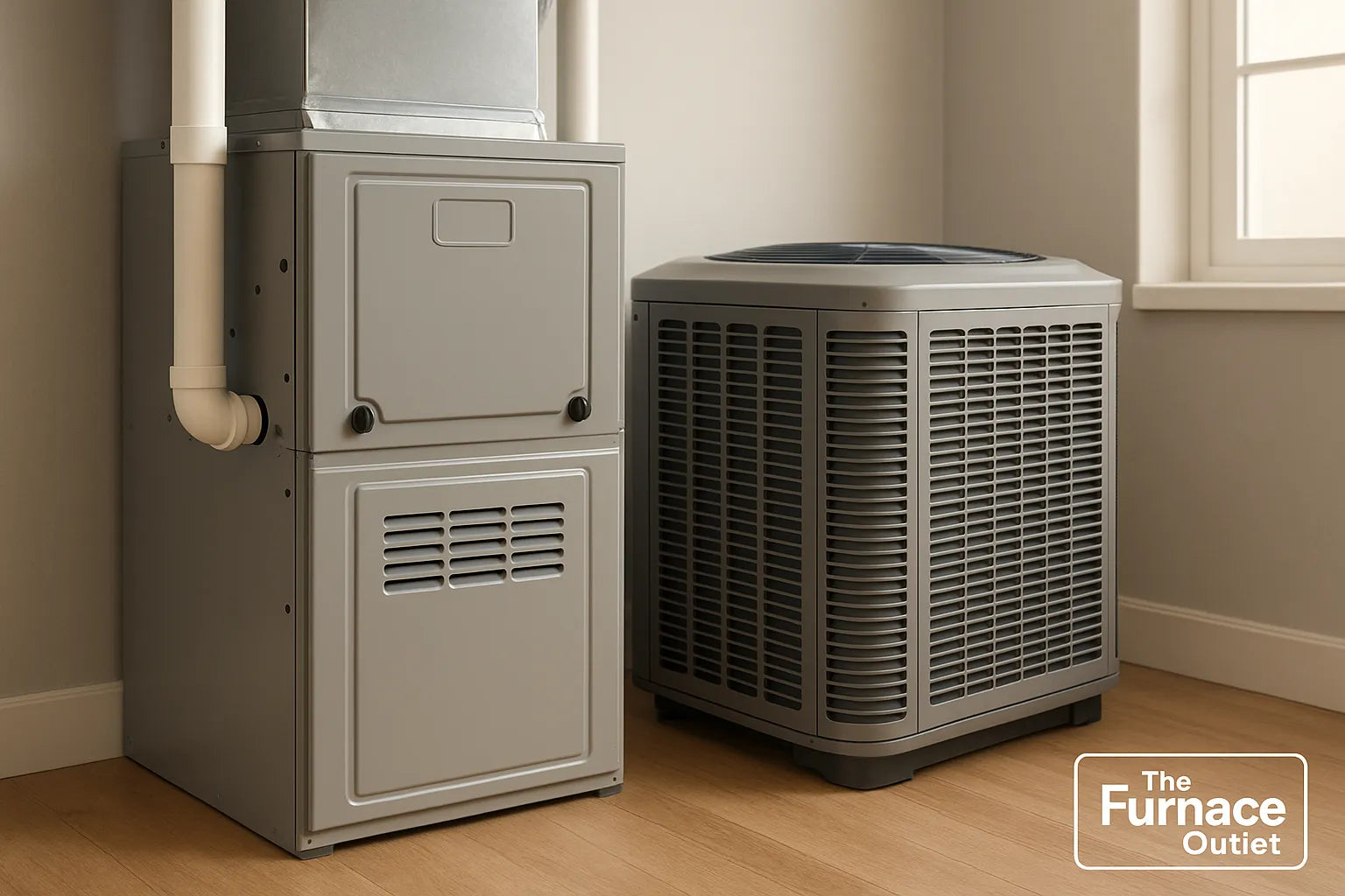 High-resolution image of a residential HVAC system with a furnace and air conditioner unit in a softly lit, modern interior