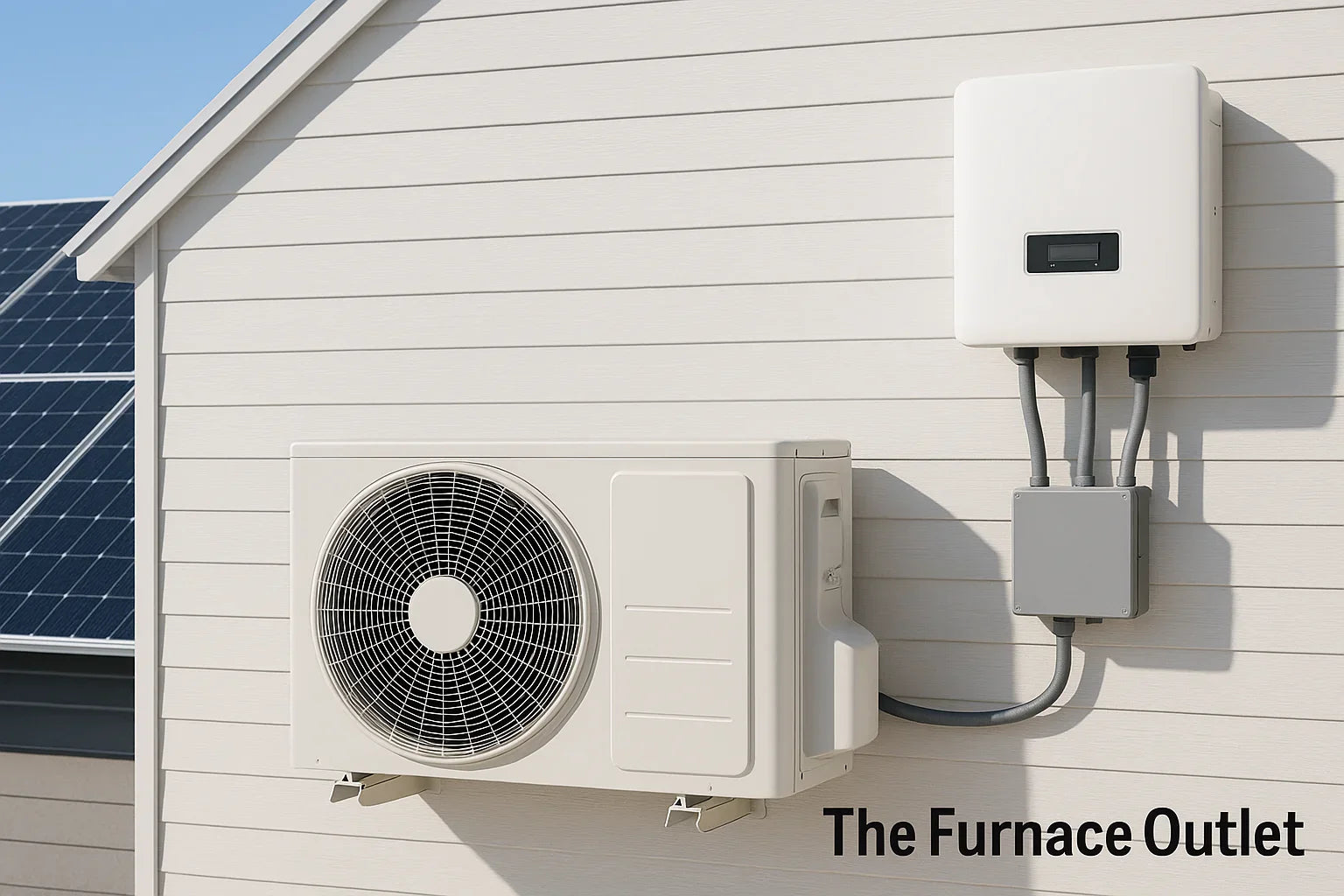 High-resolution image of a solar-powered mini-split system installed on a house exterior, featuring solar panels, an AC unit, and an inverter with The Furnace Outlet logo.