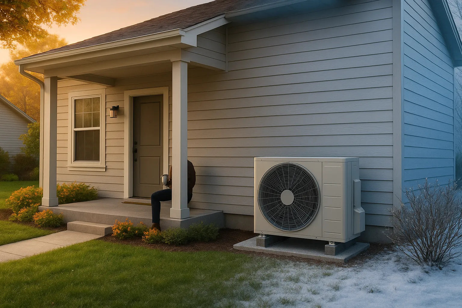 Home with a cold-climate heat pump outside, showing year-round (summer/winter) comfort and energy-efficient HVAC.