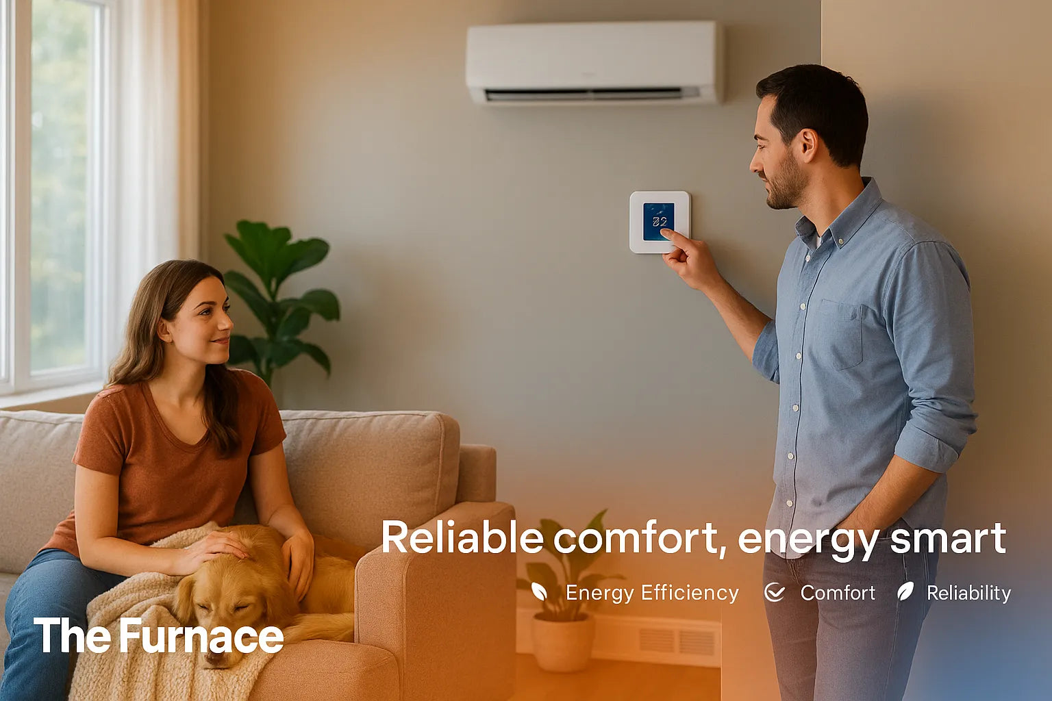 Homeowner adjusting a smart thermostat while partner relaxes in a sunlit living room—The Furnace Outlet hero showing energy-efficient comfort and reliability.