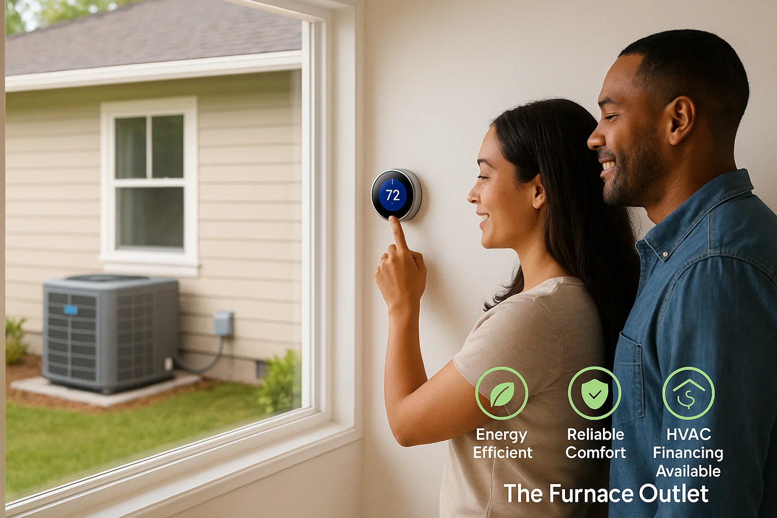 Homeowner adjusting a smart thermostat with a modern heat-pump outside—energy-efficient, reliable heating and cooling from The Furnace Outlet.