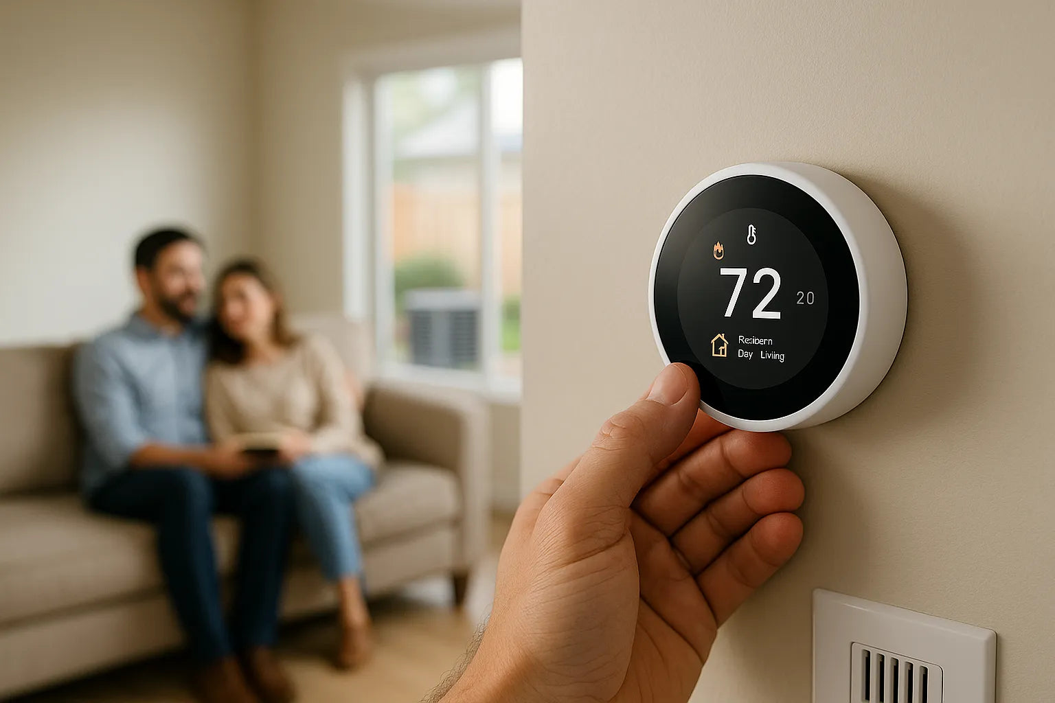 Homeowner adjusts a smart thermostat in a bright living room, conveying efficient, comfortable HVAC control by The Furnace Outlet.