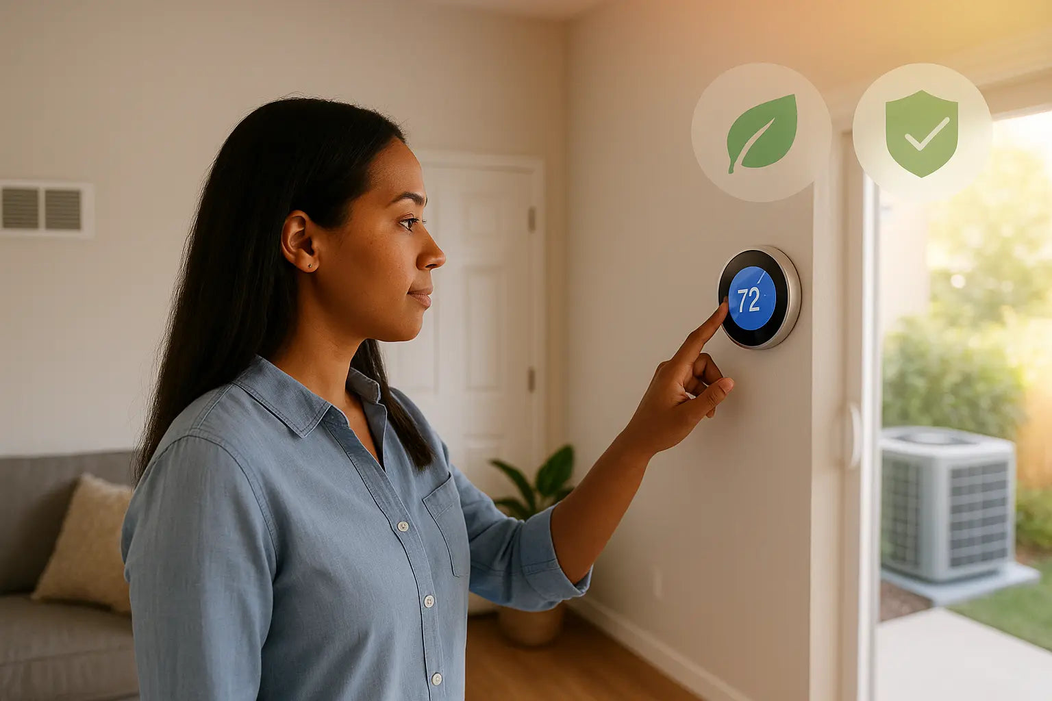 Homeowner adjusts a smart thermostat in a bright living room with a heat pump unit visible outside, conveying efficient, reliable comfort.