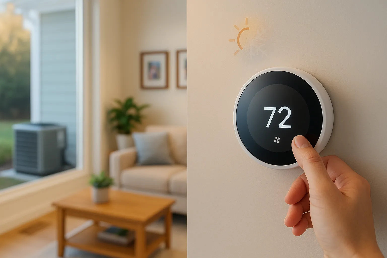 Homeowner adjusts a smart thermostat in a cozy living room with an energy-efficient heat pump visible outside, conveying reliable year-round comfort from The Furnace Outlet.