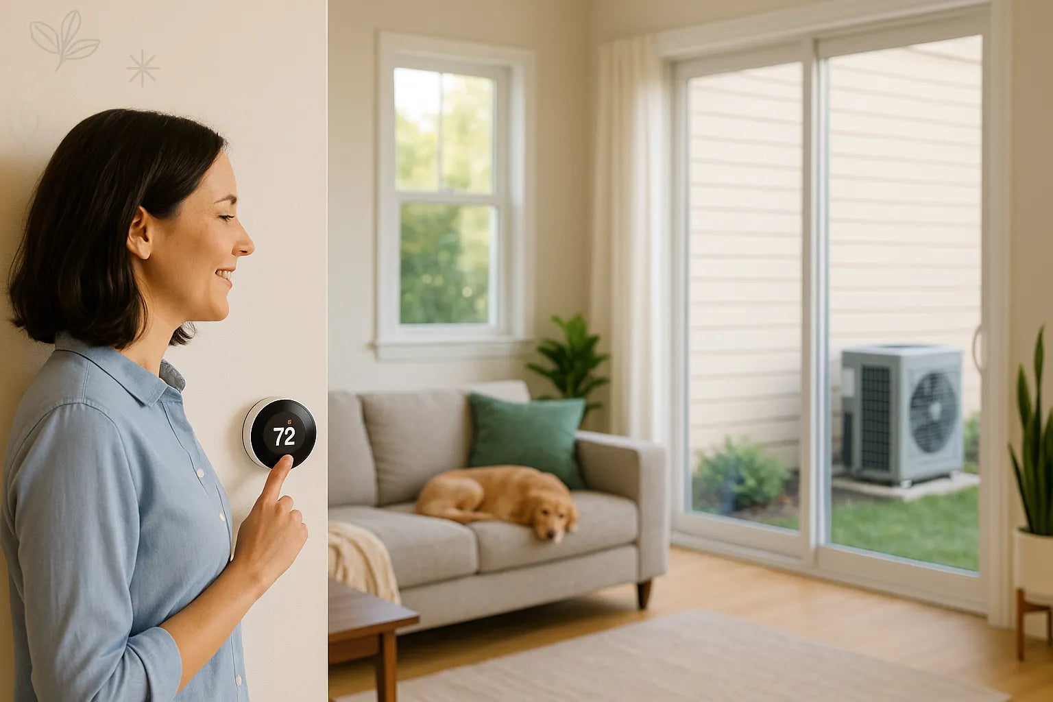 Homeowner adjusts a smart thermostat while a quiet outdoor condenser sits outside—conveying energy-efficient, reliable comfort from The Furnace Outlet.