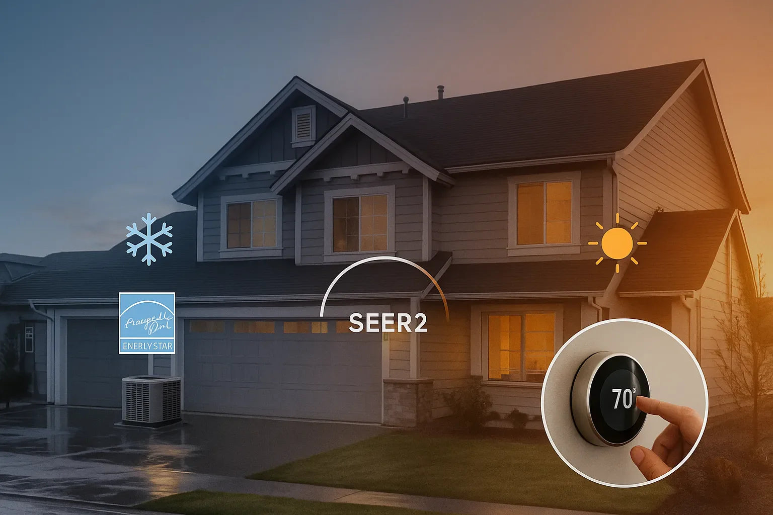 Homeowner adjusts a smart thermostat while a quiet outdoor condenser sits outside conveying energy-efficient, reliable comfort from The Furnace Outlet.