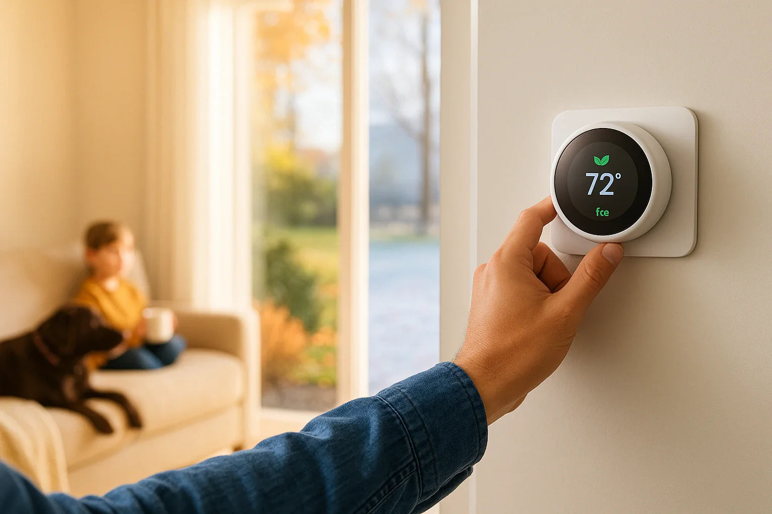 Homeowner adjusts a smart thermostat while an efficient heat pump runs outside, conveying year-round comfort and energy-savvy reliability from The Furnace Outlet.