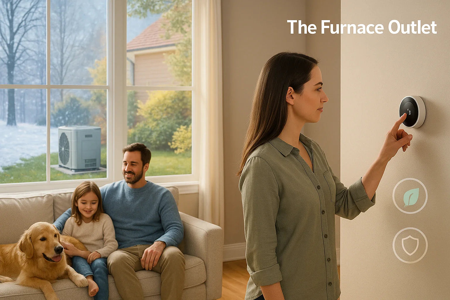 Homeowner adjusts a smart thermostat while family relaxes in a cozy U.S. living room, with a heat pump visible outside year-round efficient comfort by The Furnace Outlet.