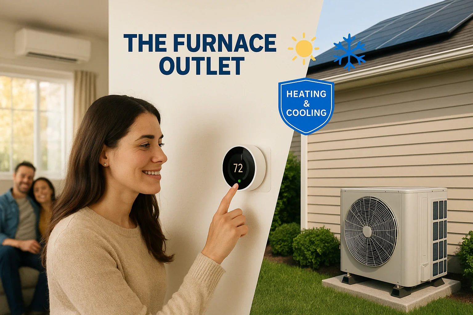 Homeowner adjusts a smart thermostat with an efficient heat pump and subtle rooftop solar shown, conveying reliable, energy-saving heating and cooling.