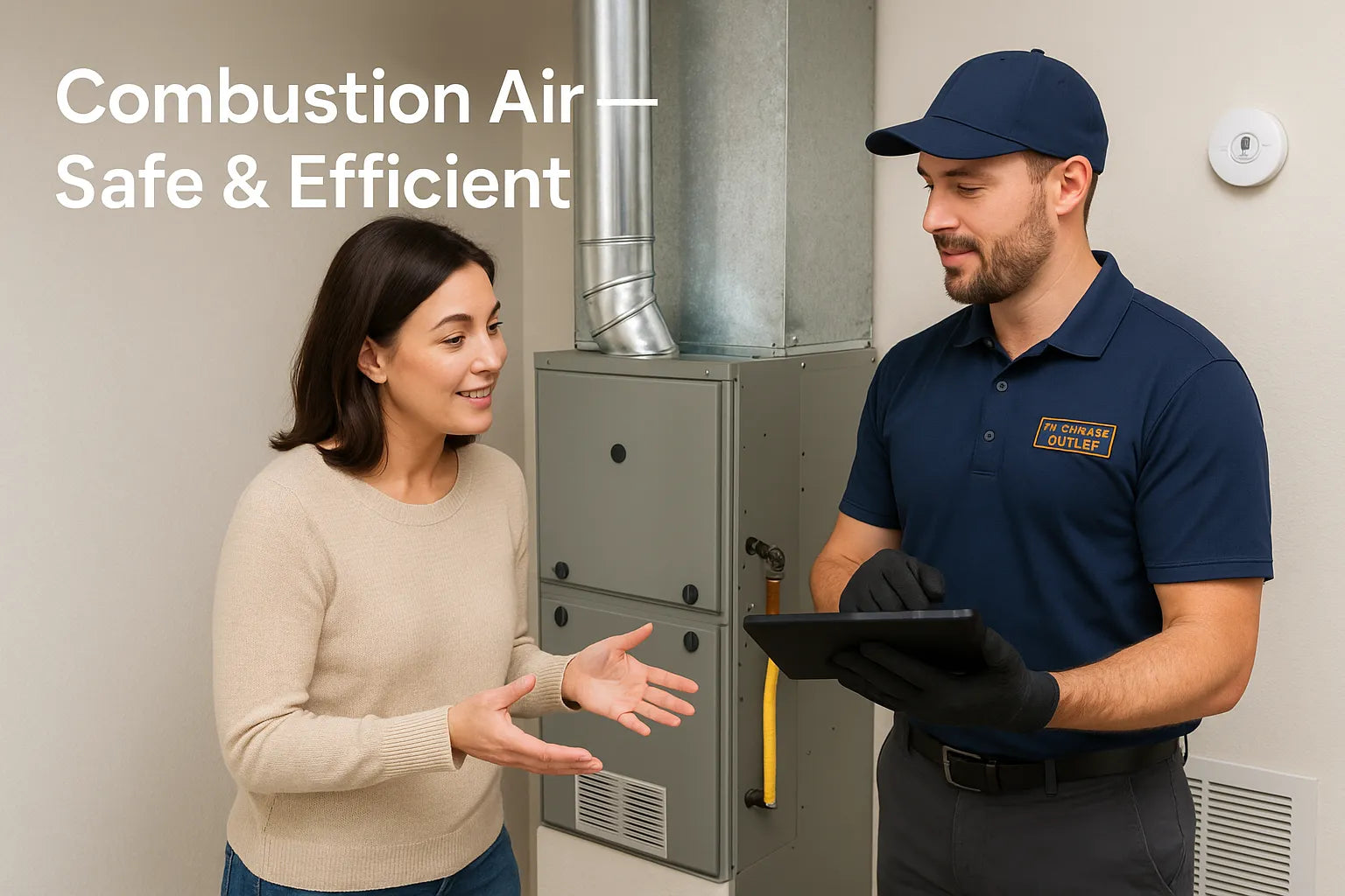 Homeowner and Furnace Outlet technician review a tablet beside a real gas furnace and combustion-air grilles in a bright utility room, discussing comfort, efficiency, and safety upgrades.
