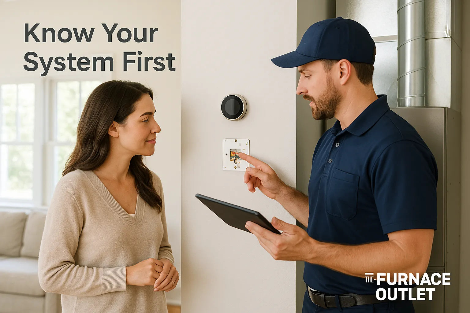Homeowner and HVAC technician reviewing thermostat wiring for smart thermostat compatibility in a bright, modern hallway.