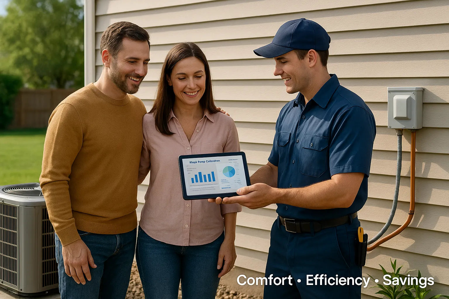 Homeowner couple reviewing a heat-pump savings calculator on a technician’s tablet beside an outdoor HVAC unit at a sunny U.S. suburban home.