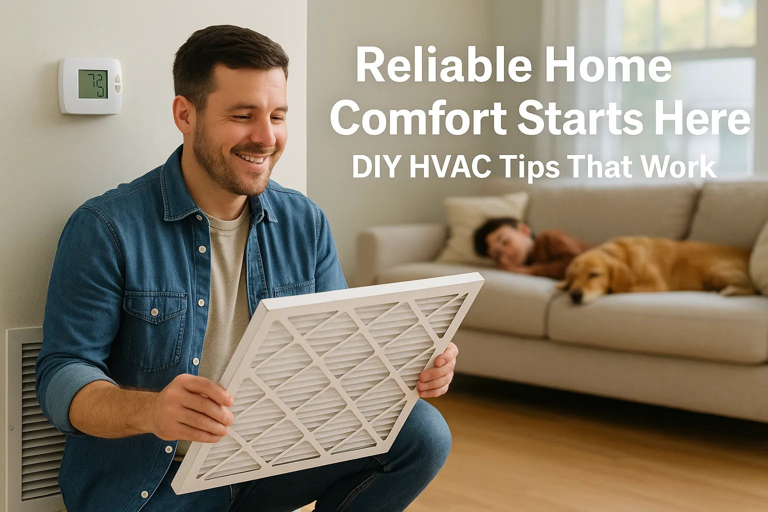 Homeowner replacing HVAC filter in a cozy living room with family resting nearby.