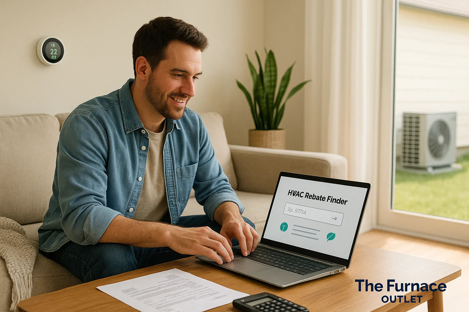 Homeowner using an HVAC rebate finder on a laptop with a heat pump outside and a smart thermostat inside.