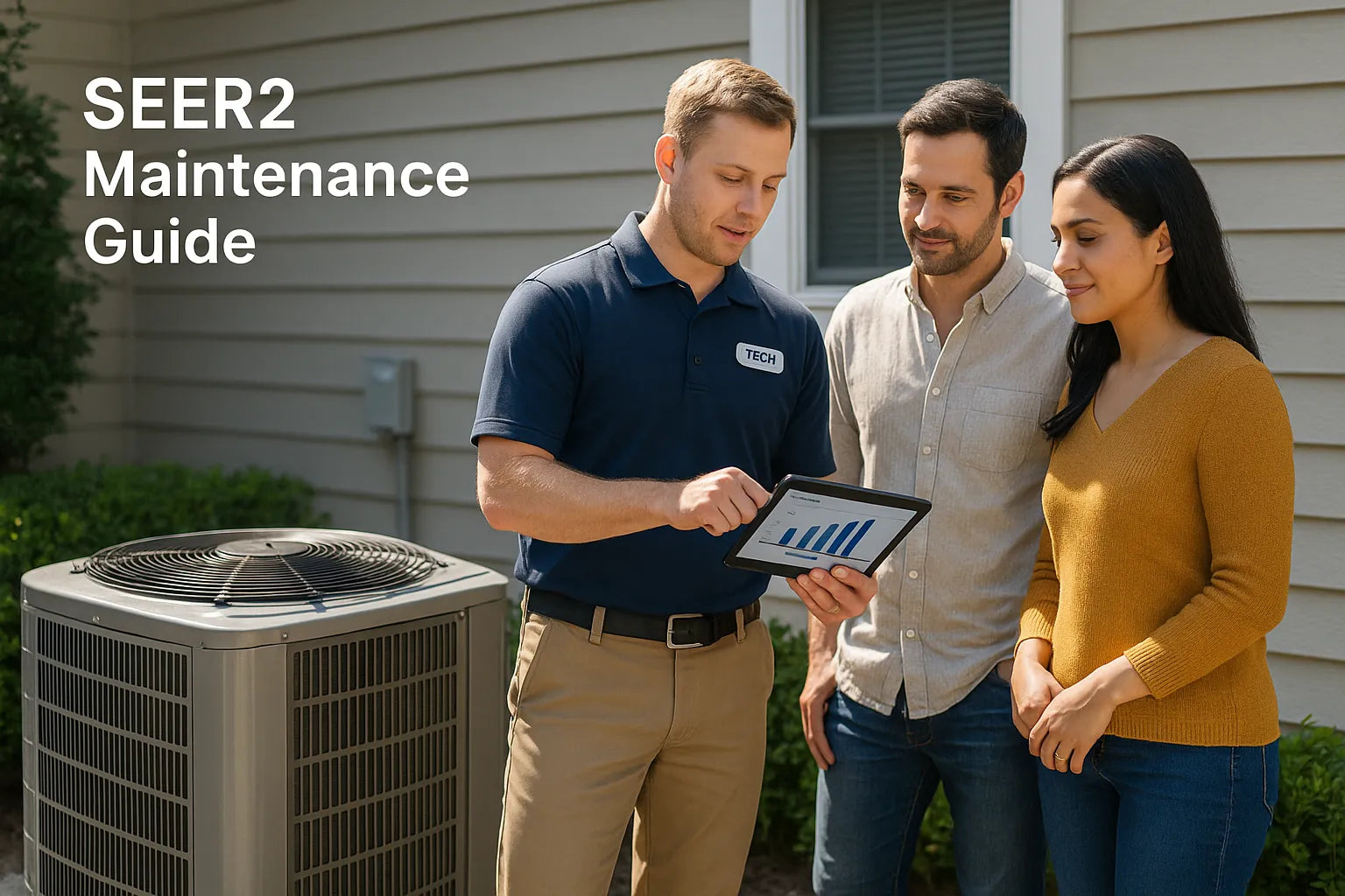 Homeowners and an HVAC technician reviewing SEER2 maintenance on a tablet beside a residential AC condenser in a sunny U.S. backyard for The Furnace Outlet.