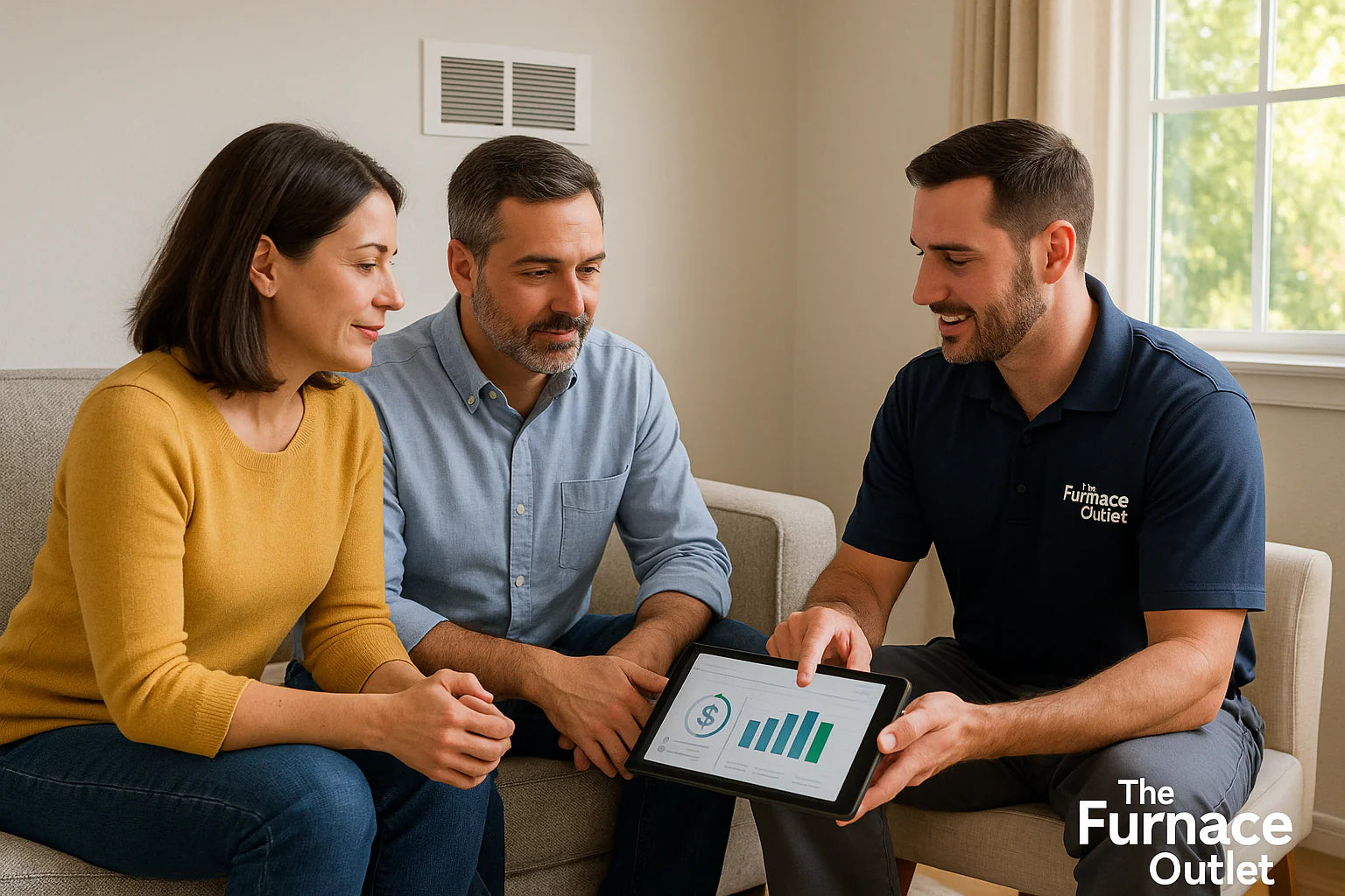 Homeowners consult a friendly Furnace Outlet technician in a sun-lit living room, reviewing energy-saving HVAC options on a tablet.