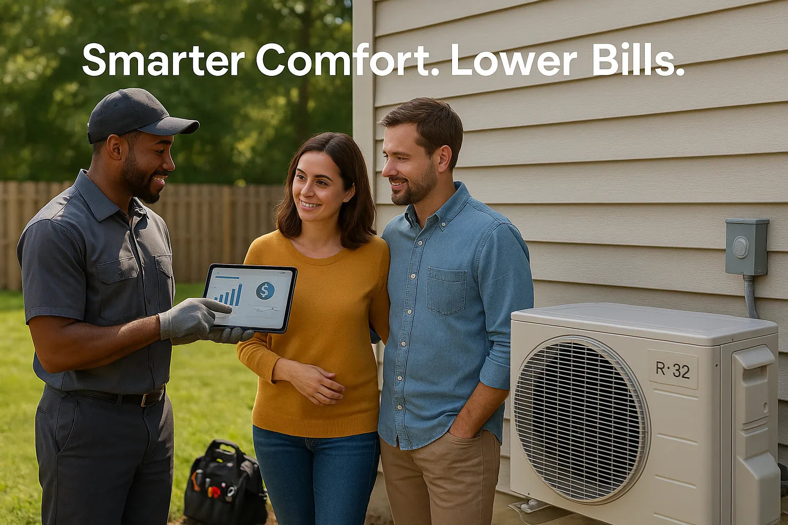 Homeowners consult with a friendly HVAC technician beside a modern heat pump in a sunny backyard, reviewing savings on a tablet clean, trustworthy, and real-life.