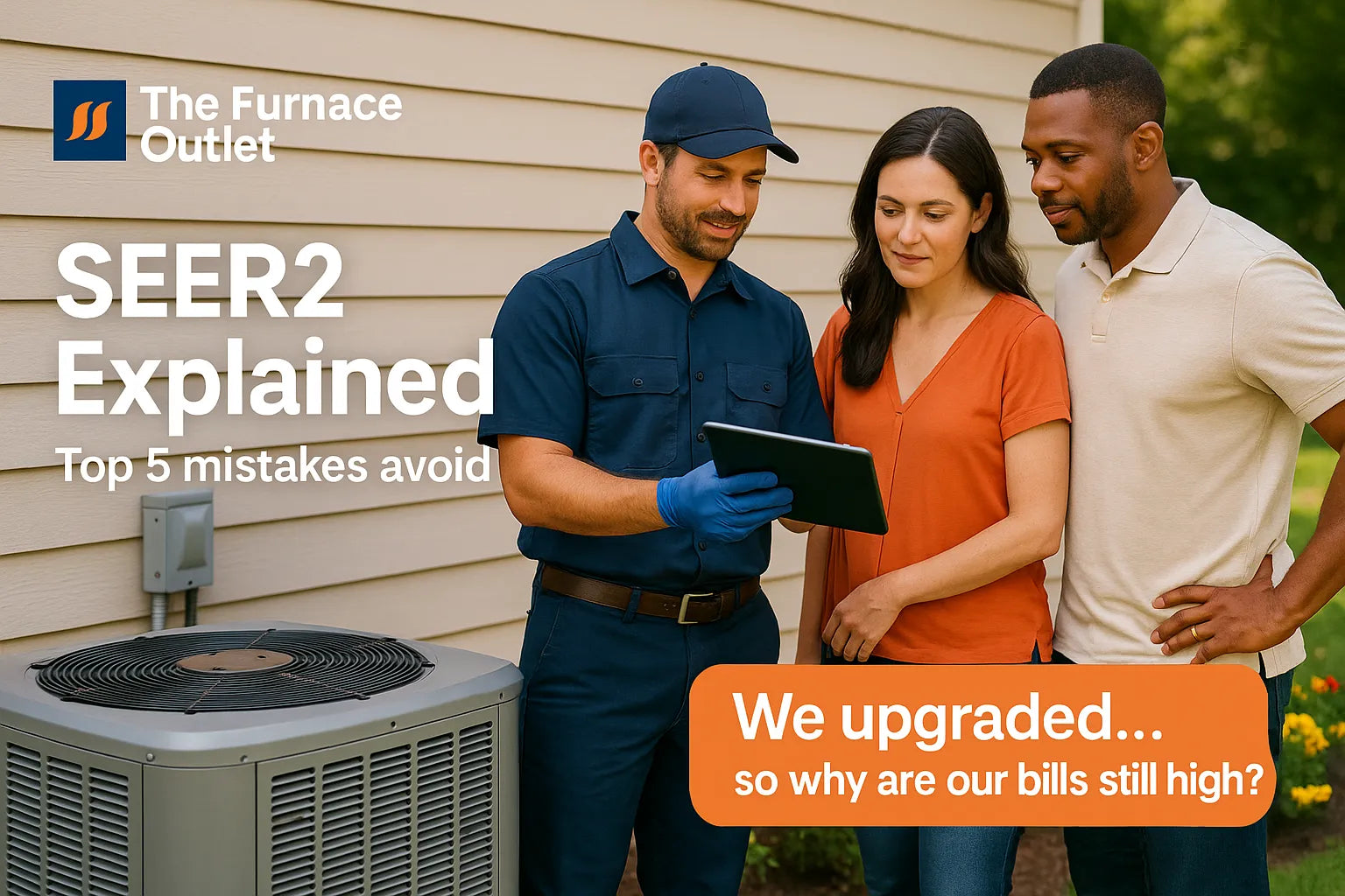 Homeowners consult with a uniformed HVAC technician beside a backyard central AC unit, reviewing efficiency options on a tablet in bright natural light for The Furnace Outlet.