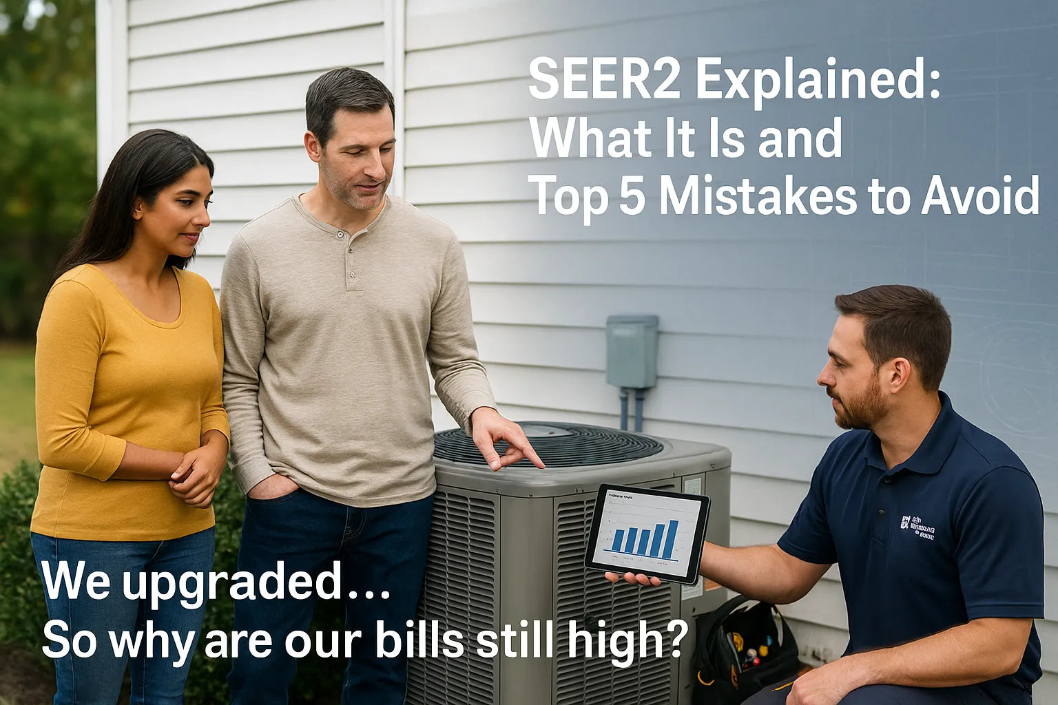 Homeowners consult with an HVAC technician beside a backyard AC condenser as the tech shows efficiency data on a tablet, with short overlays referencing SEER2 and common mistakes.
