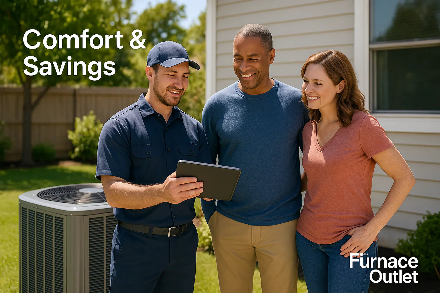 Homeowners consulting with an HVAC technician beside a modern outdoor AC unit in a sunny backyard, illustrating The Furnace Outlet’s practical comfort-and-savings approach.