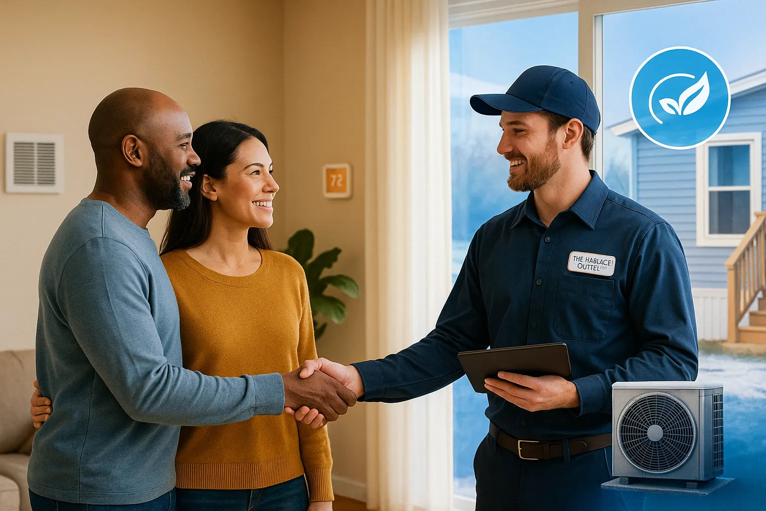 Homeowners greet a friendly Furnace Outlet technician in a bright manufactured home, with an outdoor heat pump visible signaling efficient, reliable heating and cooling.