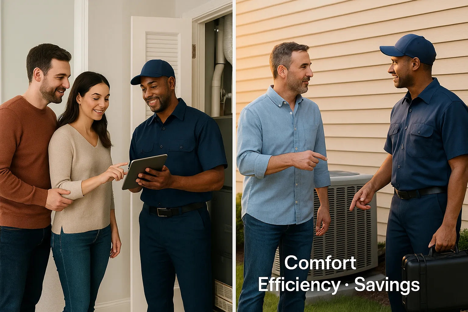 Homeowners meet with a friendly HVAC technician indoors and outdoors near real furnace and AC equipment, discussing energy-saving upgrades in bright, natural light.