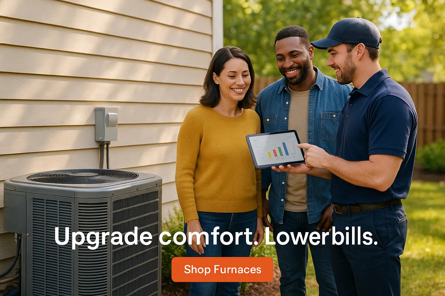 Homeowners meet with an HVAC technician by their outdoor AC condenser as he reviews energy-saving options on a tablet in bright natural daylight.
