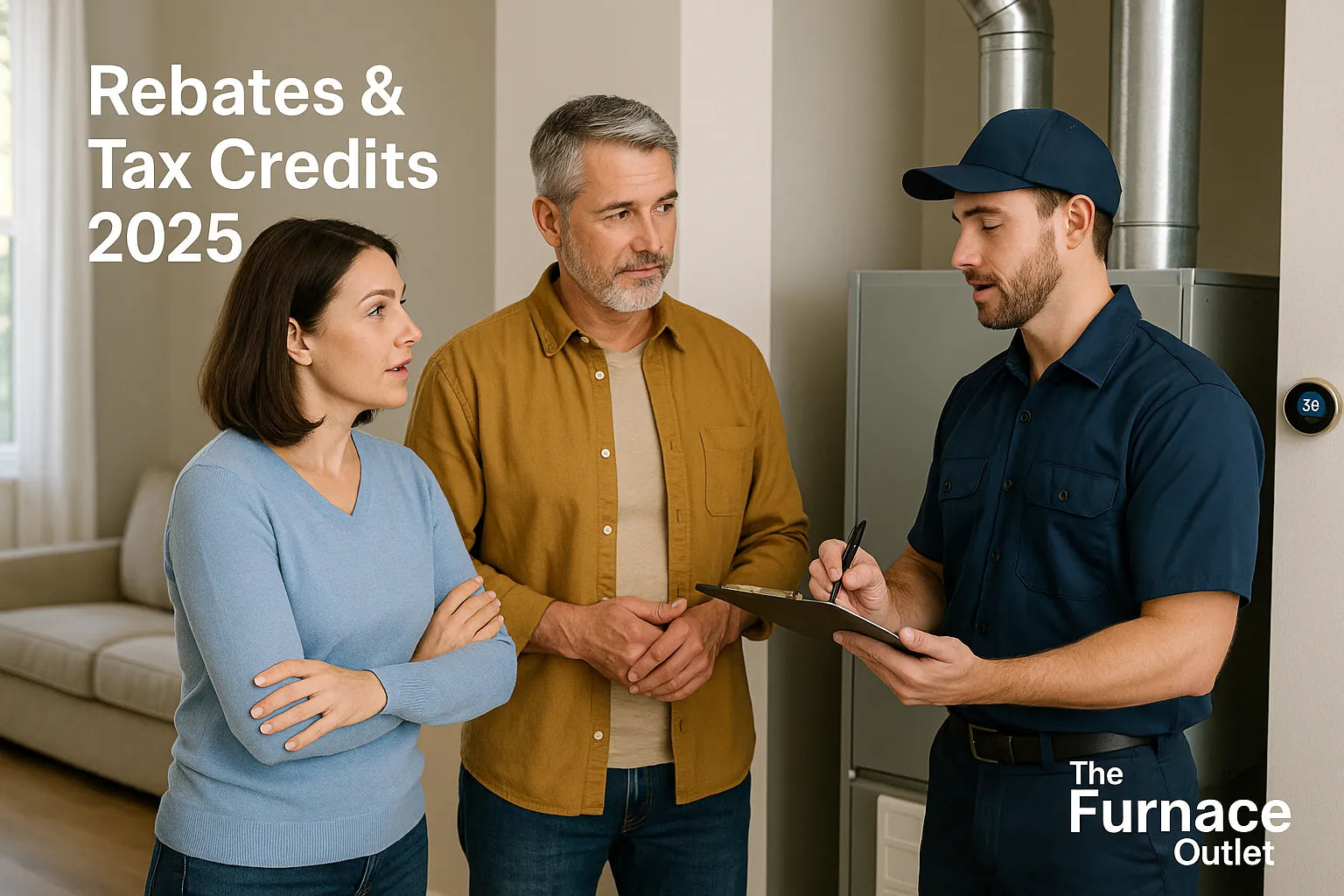 Homeowners review an energy-efficient furnace upgrade with a friendly HVAC technician in a sun-lit living room