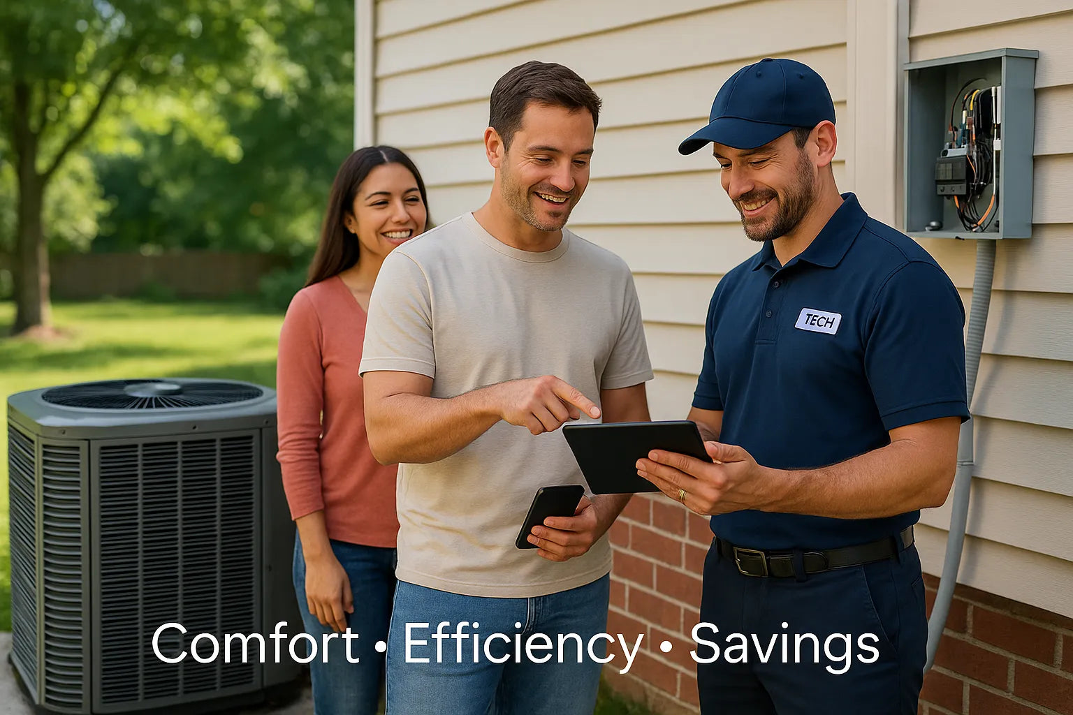 Homeowners review energy-saving options with an HVAC technician beside a backyard AC unit on a sunny day, conveying trust, comfort, and efficiency.
