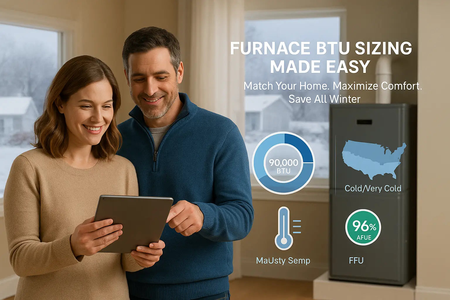 Homeowners review furnace BTU sizing inside their winter-ready home with a modern high-efficiency furnace nearby.