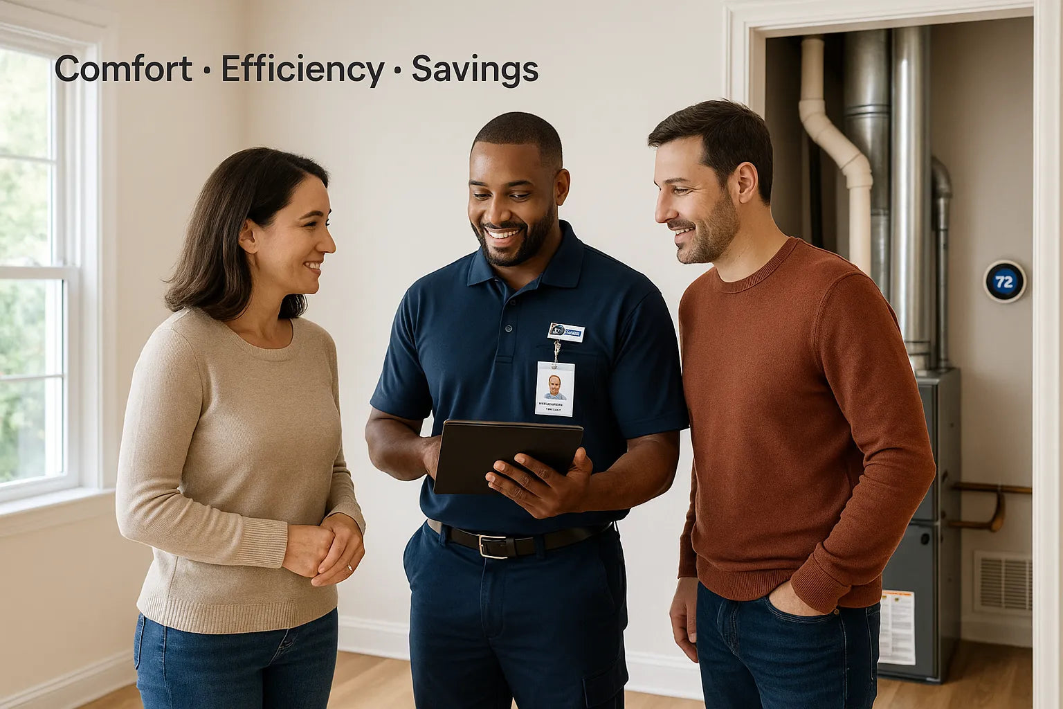 Homeowners reviewing energy-saving options with a uniformed HVAC technician beside a modern gas furnace and smart thermostat in a bright, natural-light living room.