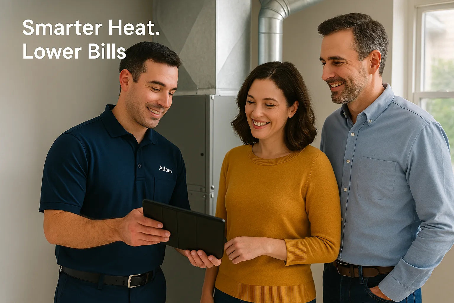 Homeowners reviewing energy-saving options with an HVAC technician beside a modern gas furnace in a bright, natural-lit utility room.