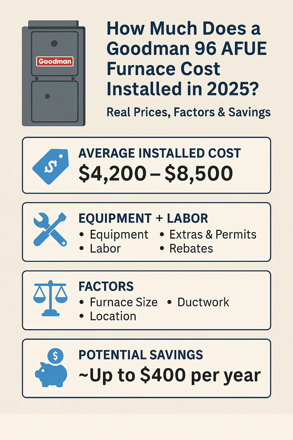 How Much Does a Goodman 96 AFUE Furnace Cost Installed in 2025? Real Prices, Factors & Savings