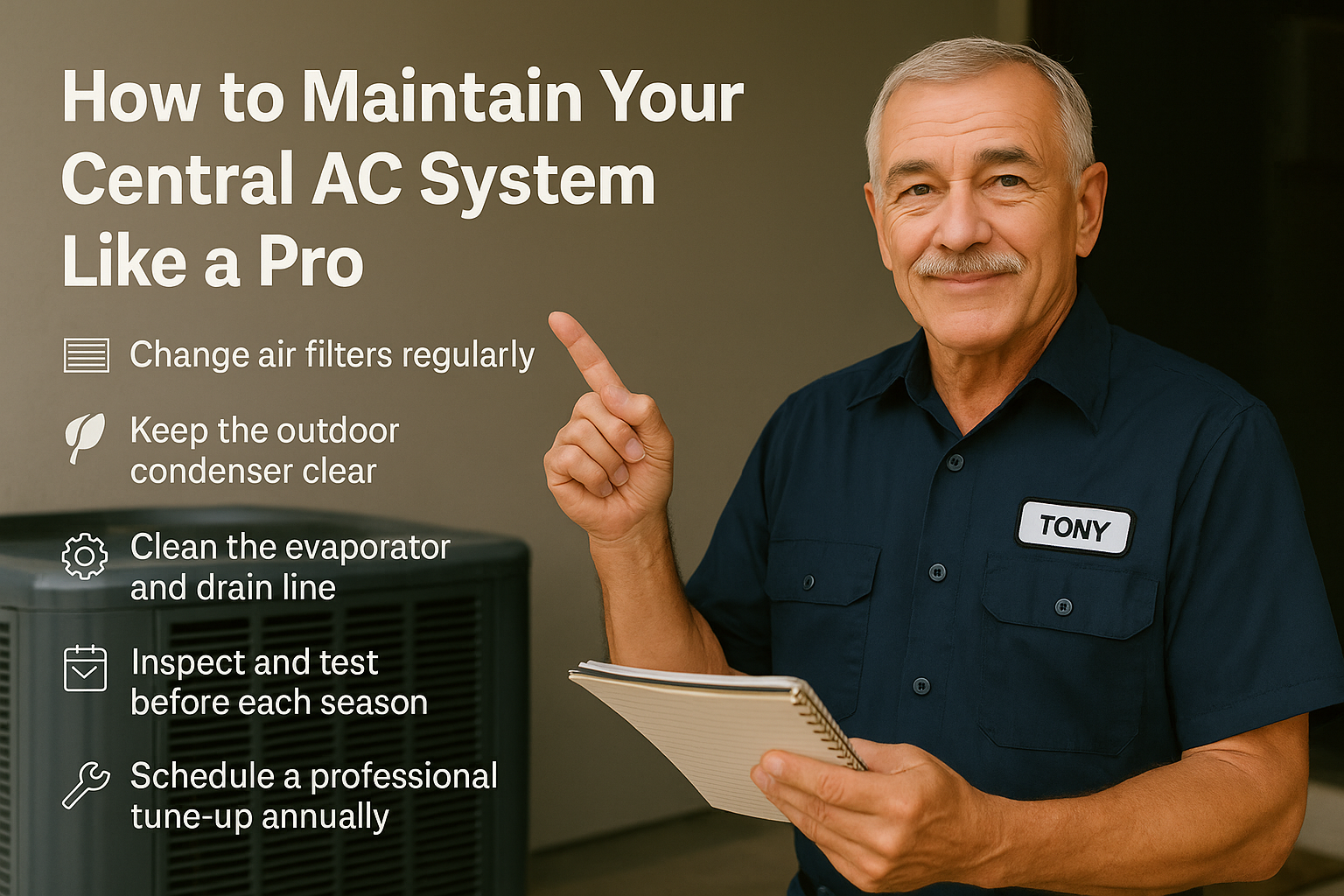 How to Maintain Your Central AC System Like a Pro. Tony’s guide to keeping it cool, clean, and running strong—without calling a tech every month.