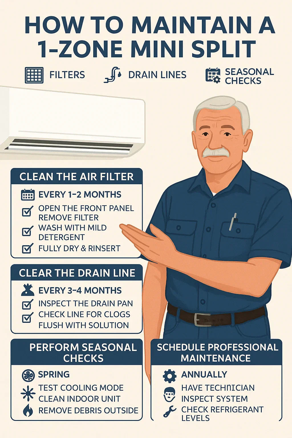 How to Maintain a 1-Zone Mini Split Filters, Drain Lines & Seasonal Checks