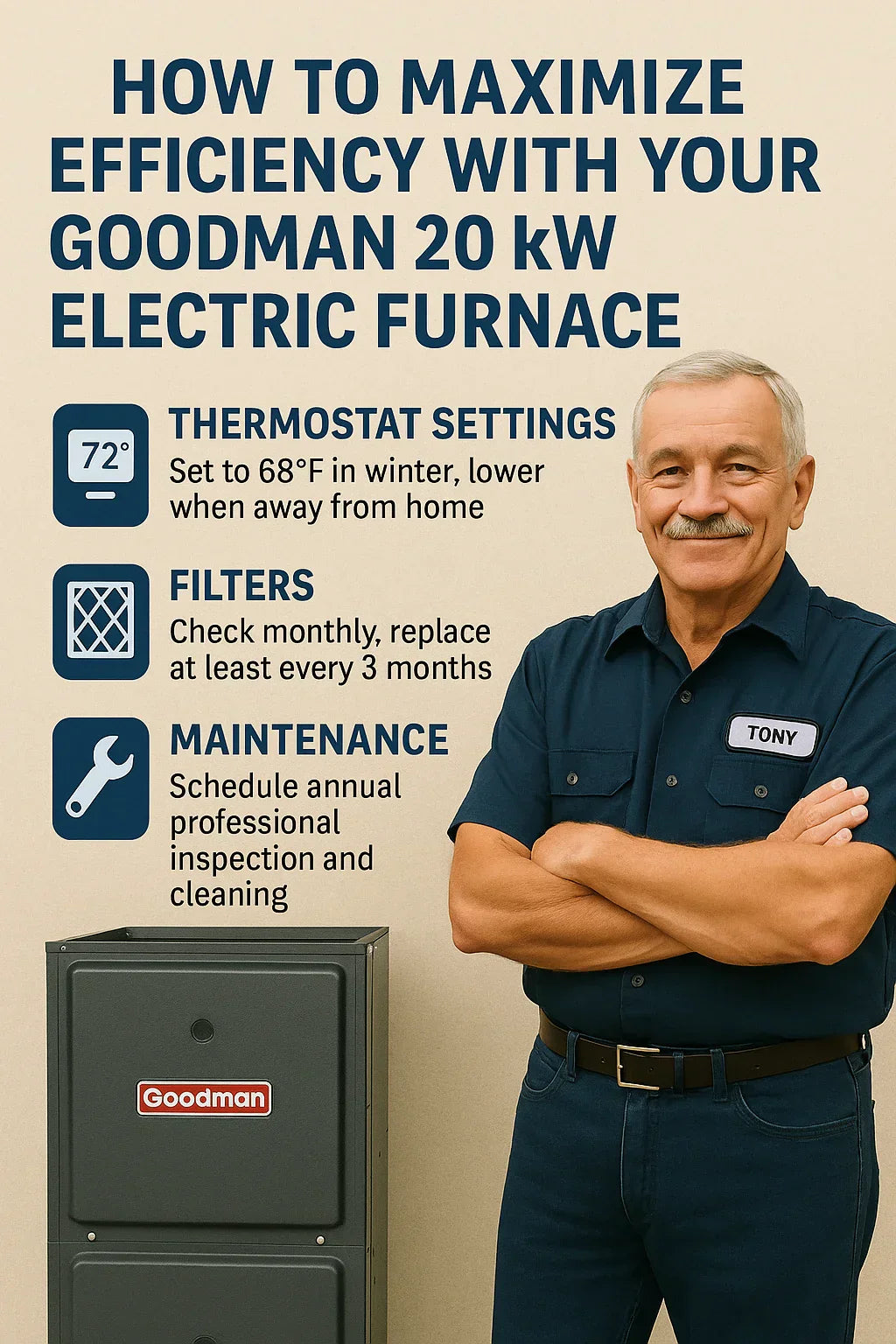 Goodman MBVK20DP1X00 Electric Furnace – 68,240 BTU, 20 KW, 2,000 CFM Variable Speed ECM, With HKTAD201 Heat Kit