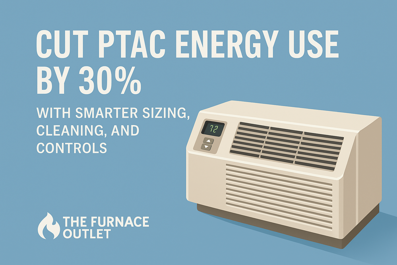 Illustrated PTAC unit on a blue background with bold text CUT PTAC ENERGY USE BY 30% WITH SMARTER SIZING, CLEANING, AND CONTROLS. The Furnace Outlet logo is displayed at the bottom.