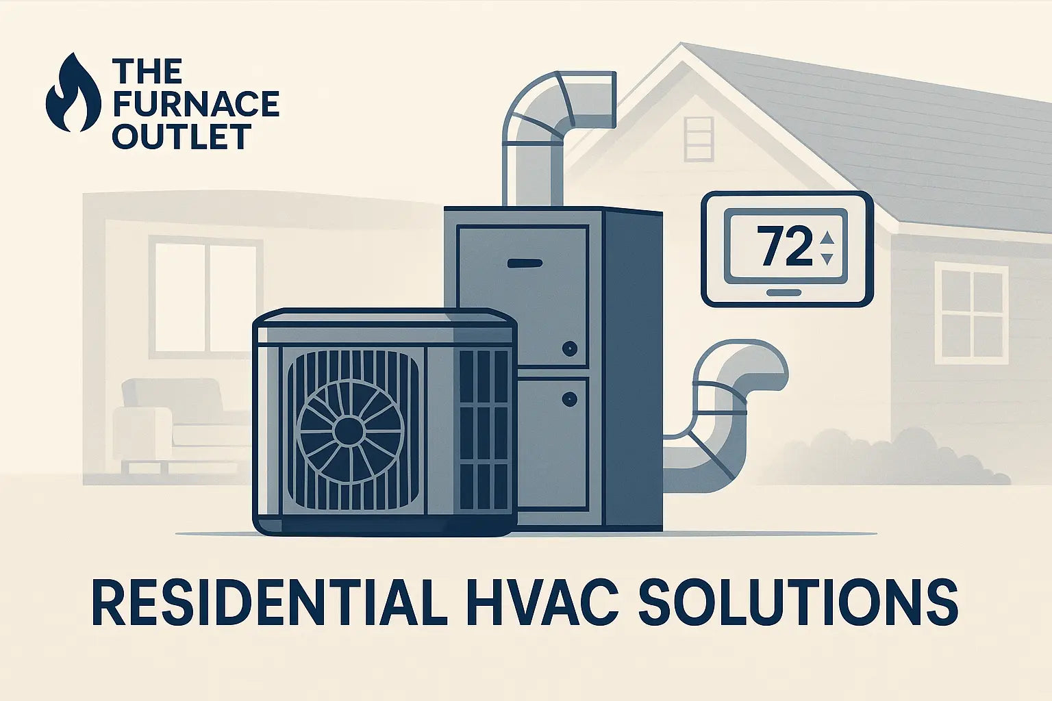 Illustration of residential HVAC system with furnace, AC unit, ductwork, and thermostat in a modern American home.