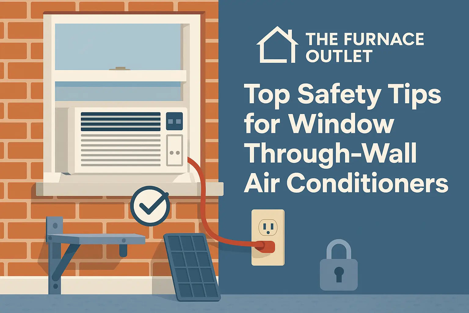 Illustration showing safe setup of a window air conditioner with direct wall plug, secure mounting bracket, LCDI test cord, and lock icon, representing key indoor AC safety tips.