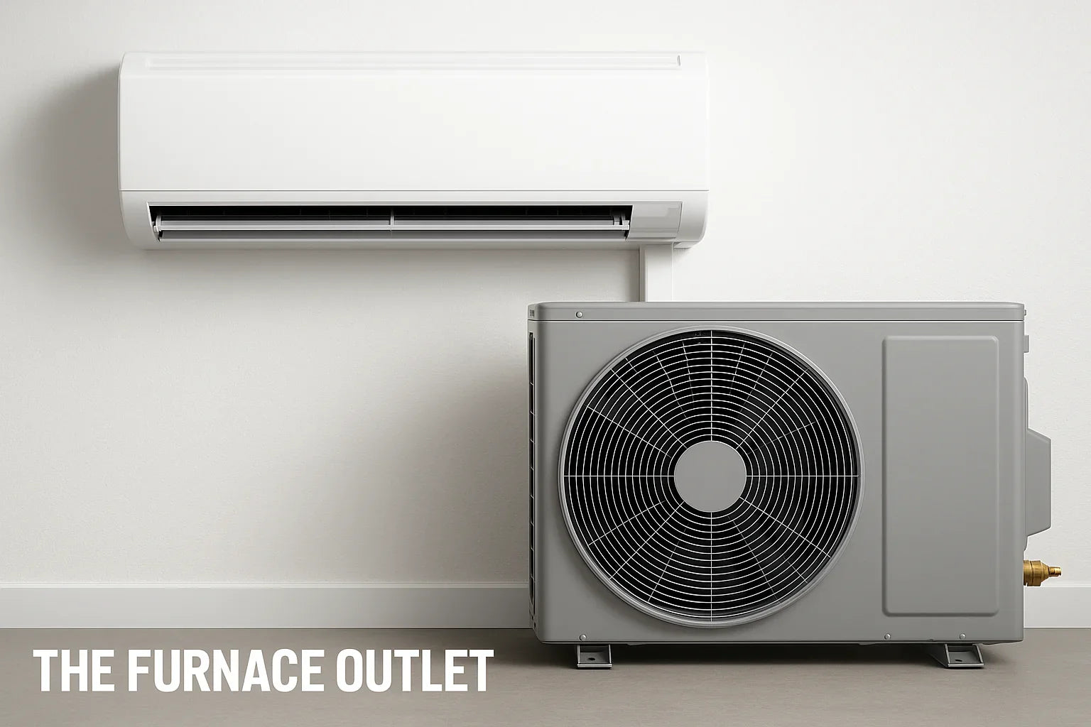 Indoor and outdoor mini-split air conditioning units with The Furnace Outlet branding.