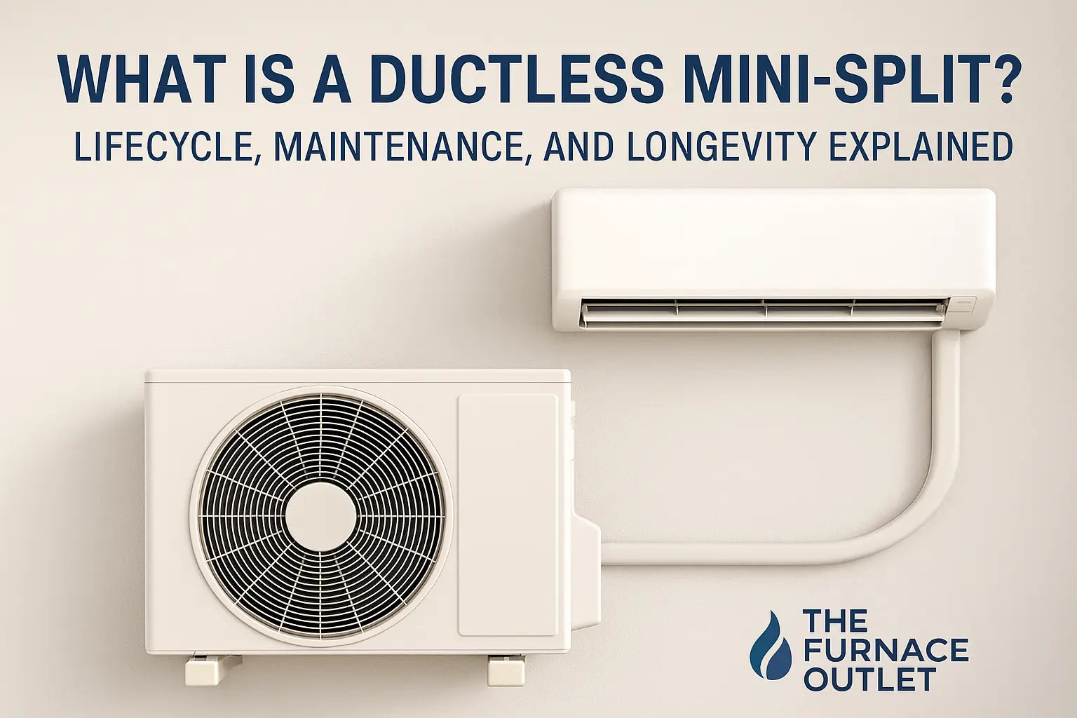 Indoor and outdoor mini-split units mounted on a wall, representing system longevity and maintenance, with The Furnace Outlet branding.