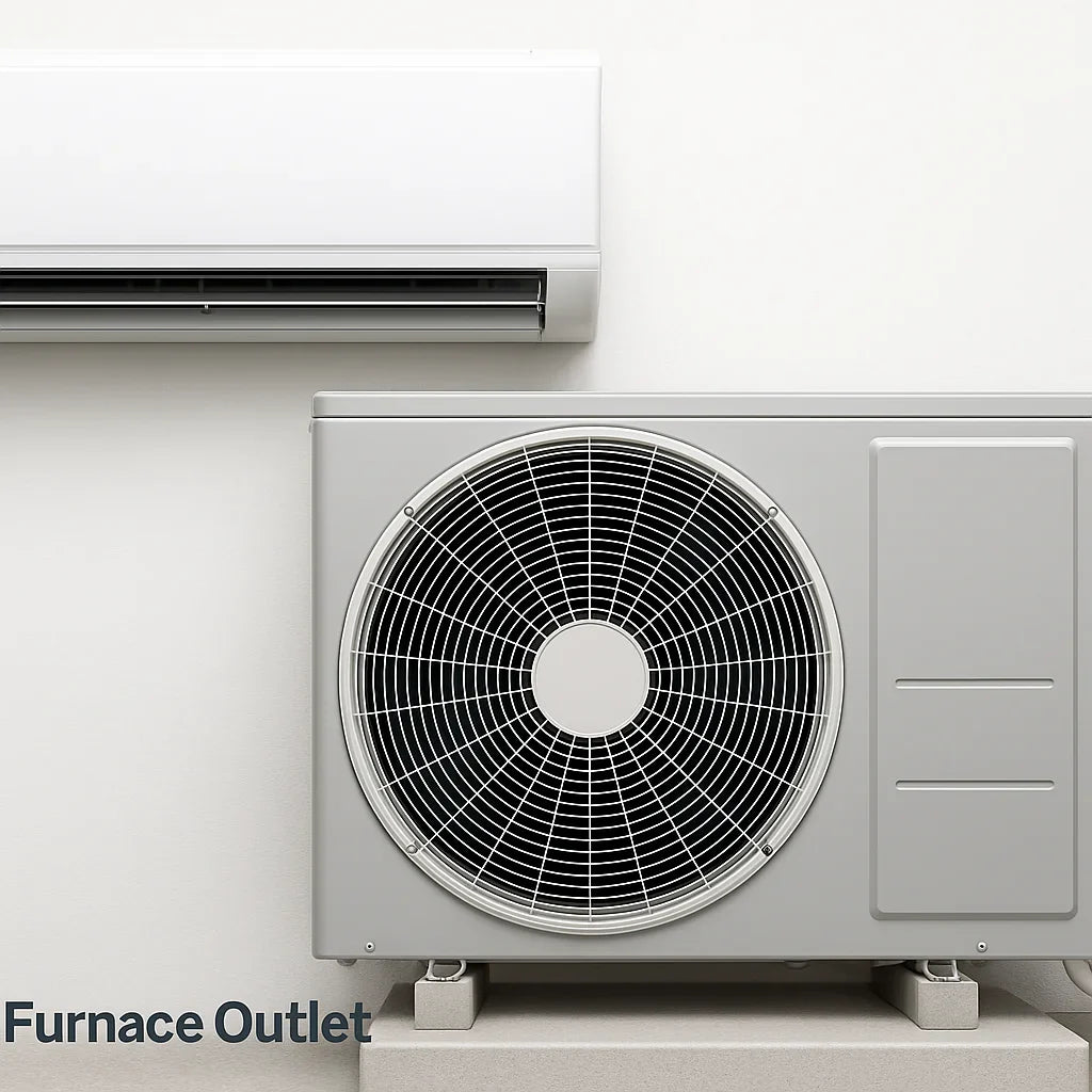 Indoor and outdoor units of a ductless mini-split system shown together.