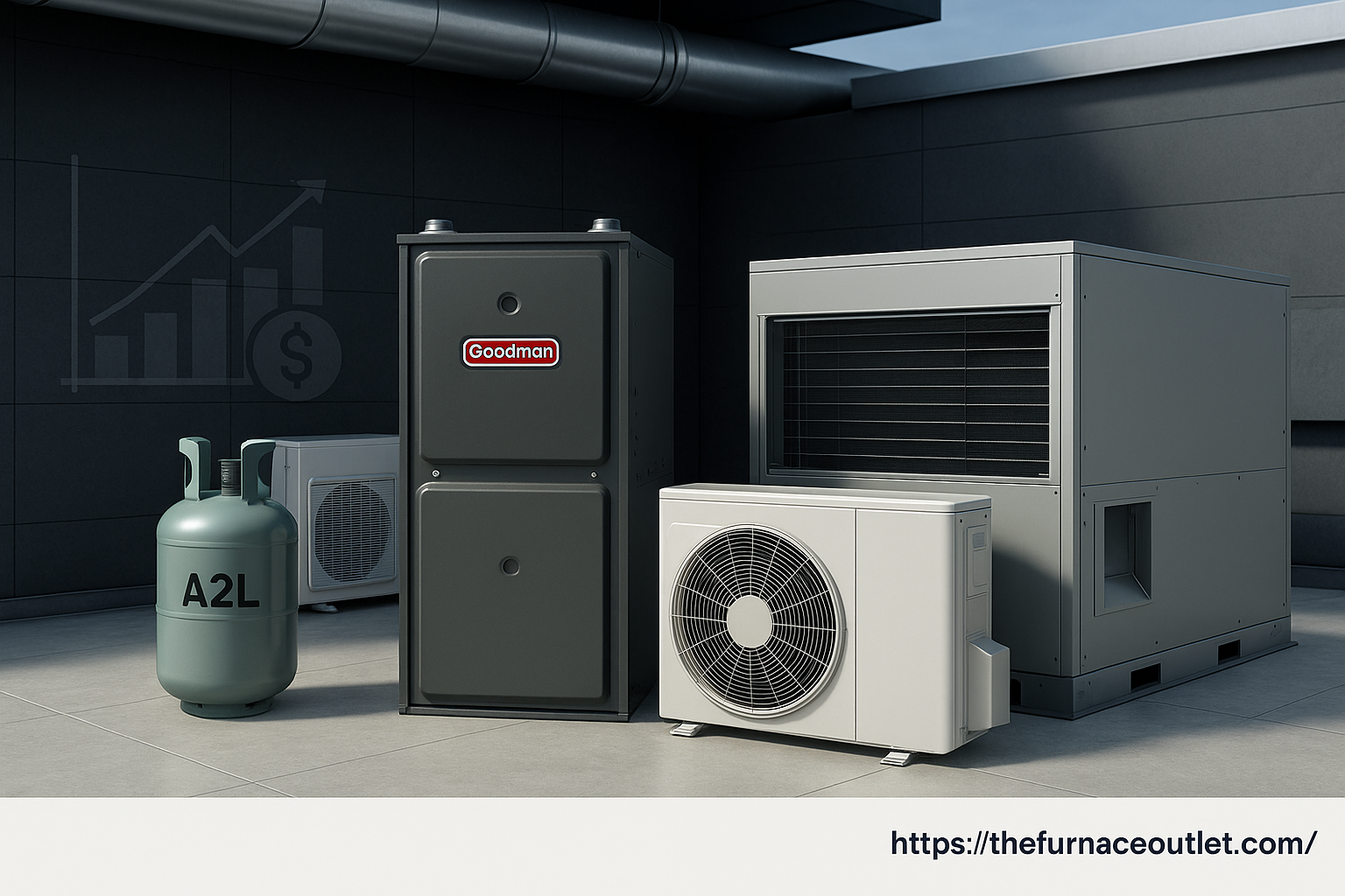 Infographic showing cost comparison of traditional vs A2L refrigerants with dollar signs and sustainability icons